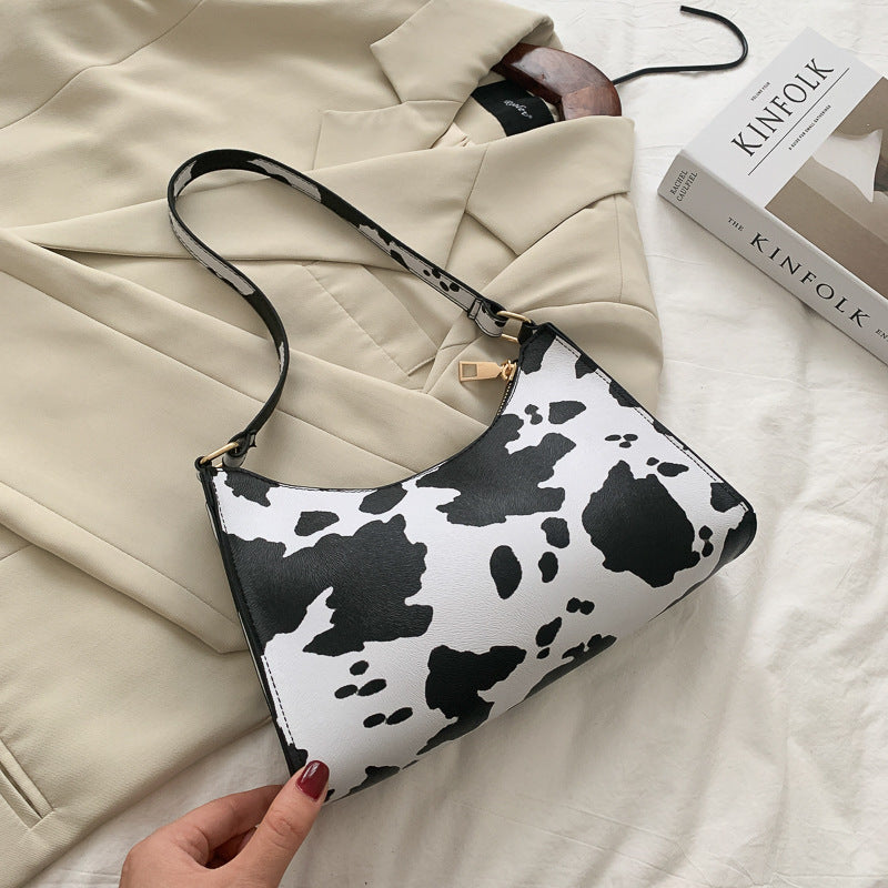 Fashion Leopard Print One Shoulder Cow Underarm Baguette Bag