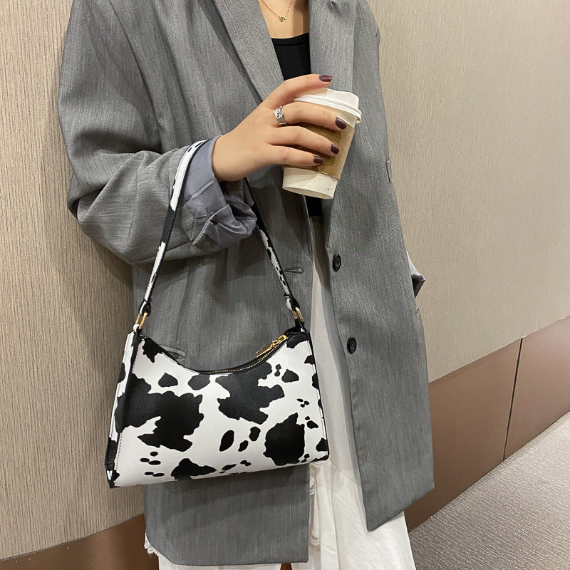 Fashion Leopard Print One Shoulder Cow Underarm Baguette Bag