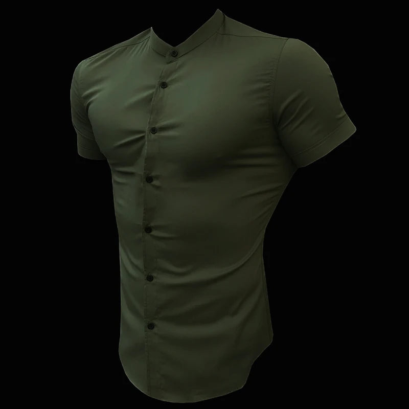 Summer Fashion Short Sleeve Shirt Men Slim Fit Social Business Stand Collar Dress Shirt Brand Mens Fitness Sports Gym Clothing