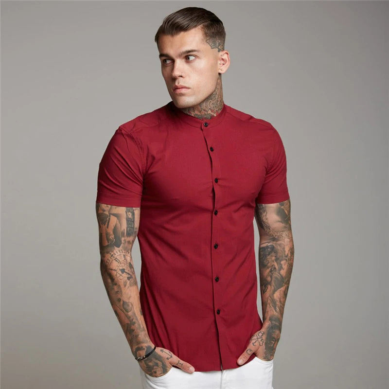 Summer Fashion Short Sleeve Shirt Men Slim Fit Social Business Stand Collar Dress Shirt Brand Mens Fitness Sports Gym Clothing