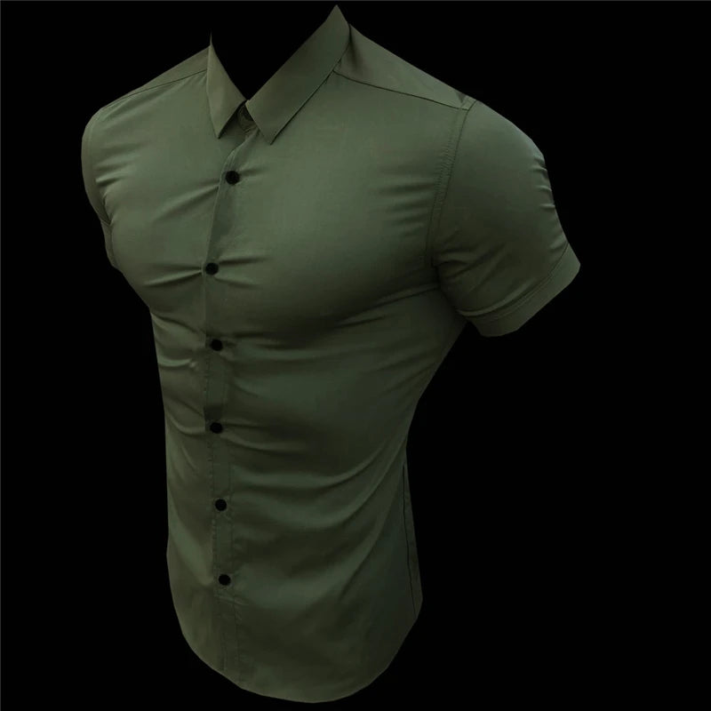 Summer Fashion Short Sleeve Shirt Men Slim Fit Social Business Stand Collar Dress Shirt Brand Mens Fitness Sports Gym Clothing