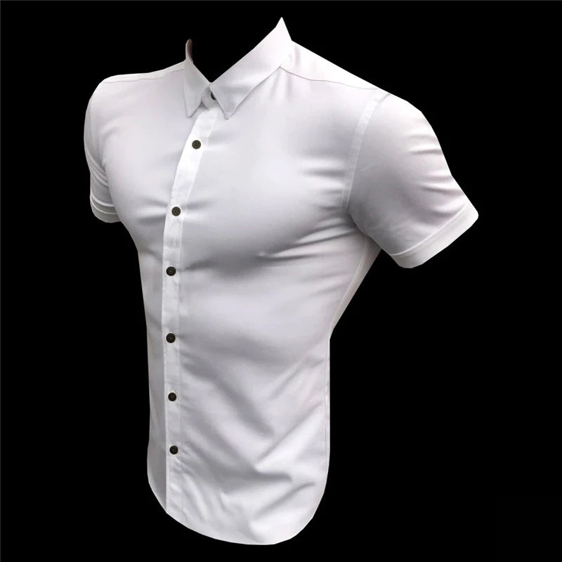 Summer Fashion Short Sleeve Shirt Men Slim Fit Social Business Stand Collar Dress Shirt Brand Mens Fitness Sports Gym Clothing