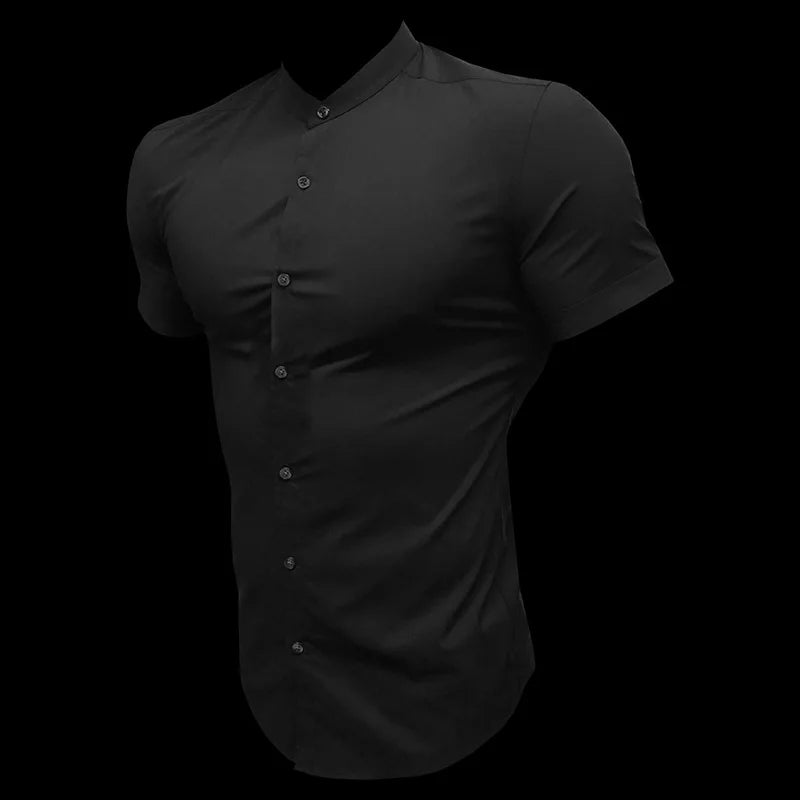 Summer Fashion Short Sleeve Shirt Men Slim Fit Social Business Stand Collar Dress Shirt Brand Mens Fitness Sports Gym Clothing