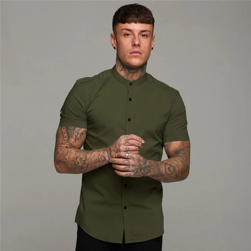 Summer Fashion Short Sleeve Shirt Men Slim Fit Social Business Stand Collar Dress Shirt Brand Mens Fitness Sports Gym Clothing