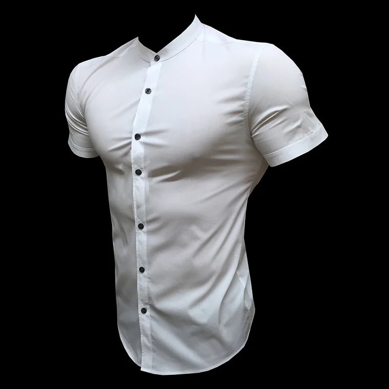 Summer Fashion Short Sleeve Shirt Men Slim Fit Social Business Stand Collar Dress Shirt Brand Mens Fitness Sports Gym Clothing