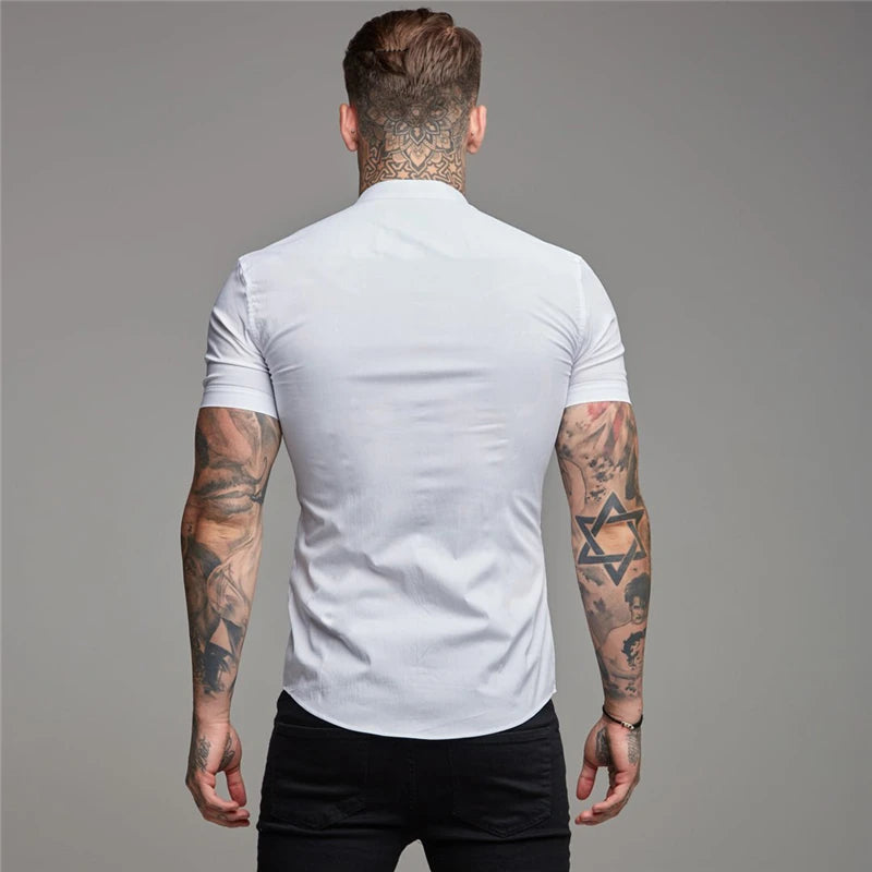 Summer Fashion Short Sleeve Shirt Men Slim Fit Social Business Stand Collar Dress Shirt Brand Mens Fitness Sports Gym Clothing