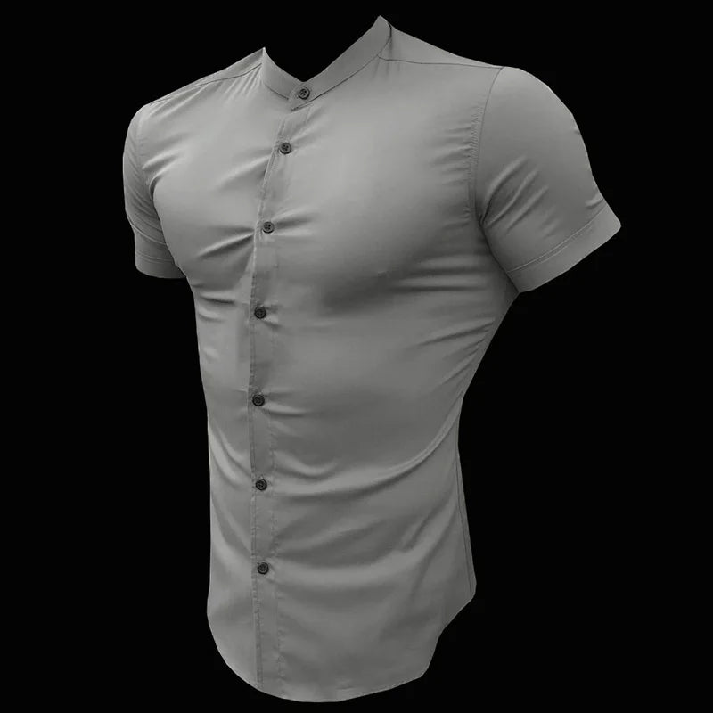 Summer Fashion Short Sleeve Shirt Men Slim Fit Social Business Stand Collar Dress Shirt Brand Mens Fitness Sports Gym Clothing