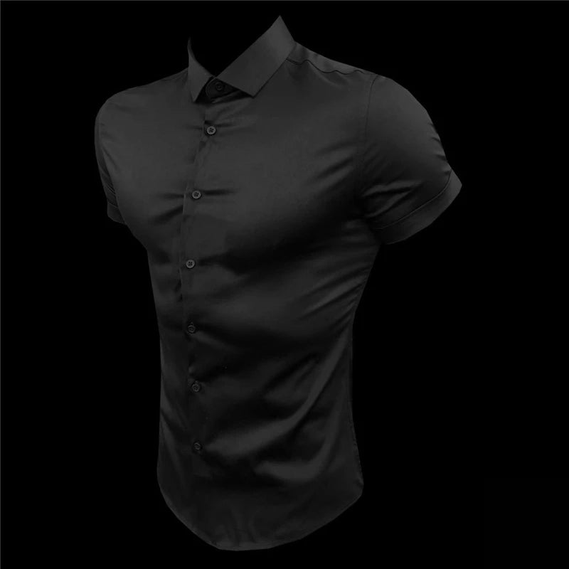 Summer Fashion Short Sleeve Shirt Men Slim Fit Social Business Stand Collar Dress Shirt Brand Mens Fitness Sports Gym Clothing