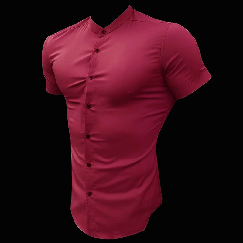 Summer Fashion Short Sleeve Shirt Men Slim Fit Social Business Stand Collar Dress Shirt Brand Mens Fitness Sports Gym Clothing