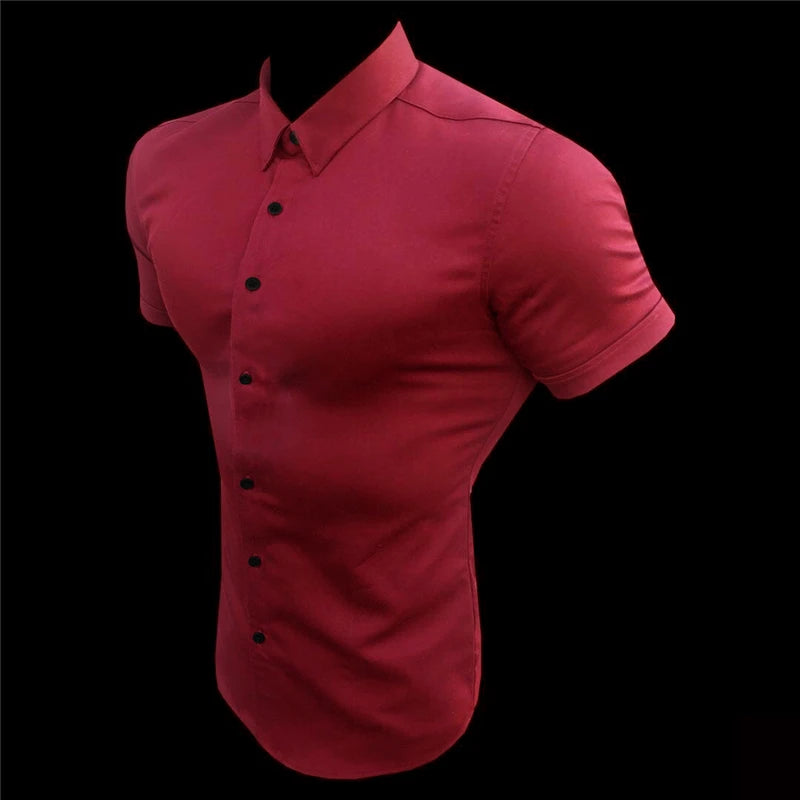 Summer Fashion Short Sleeve Shirt Men Slim Fit Social Business Stand Collar Dress Shirt Brand Mens Fitness Sports Gym Clothing