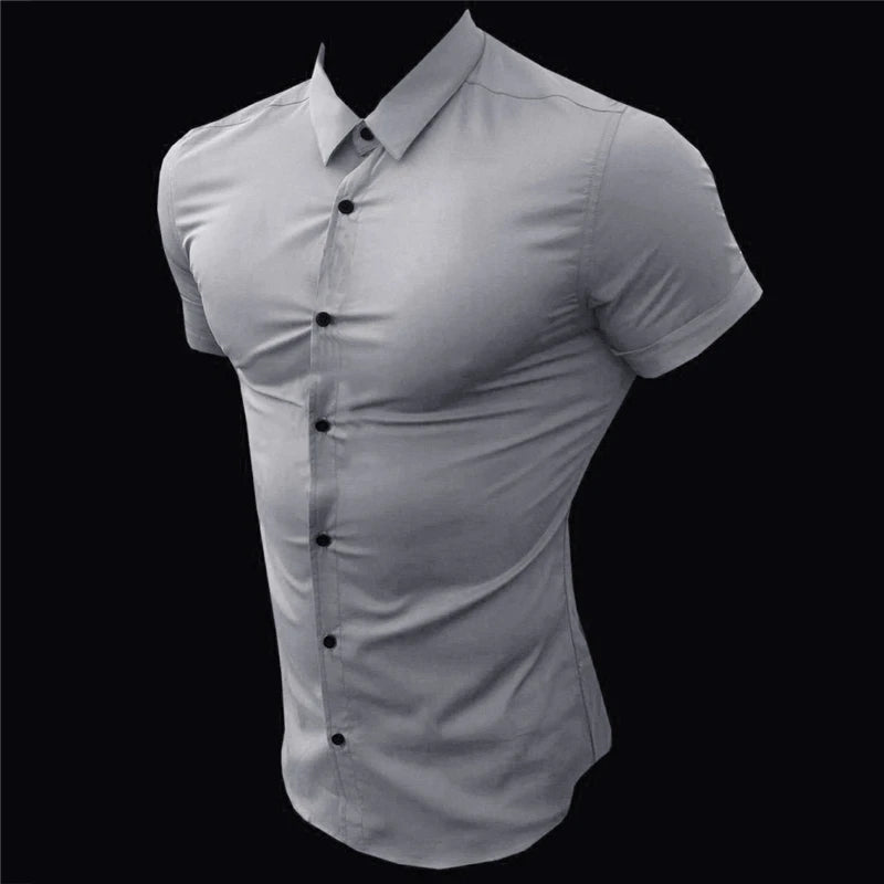 Summer Fashion Short Sleeve Shirt Men Slim Fit Social Business Stand Collar Dress Shirt Brand Mens Fitness Sports Gym Clothing