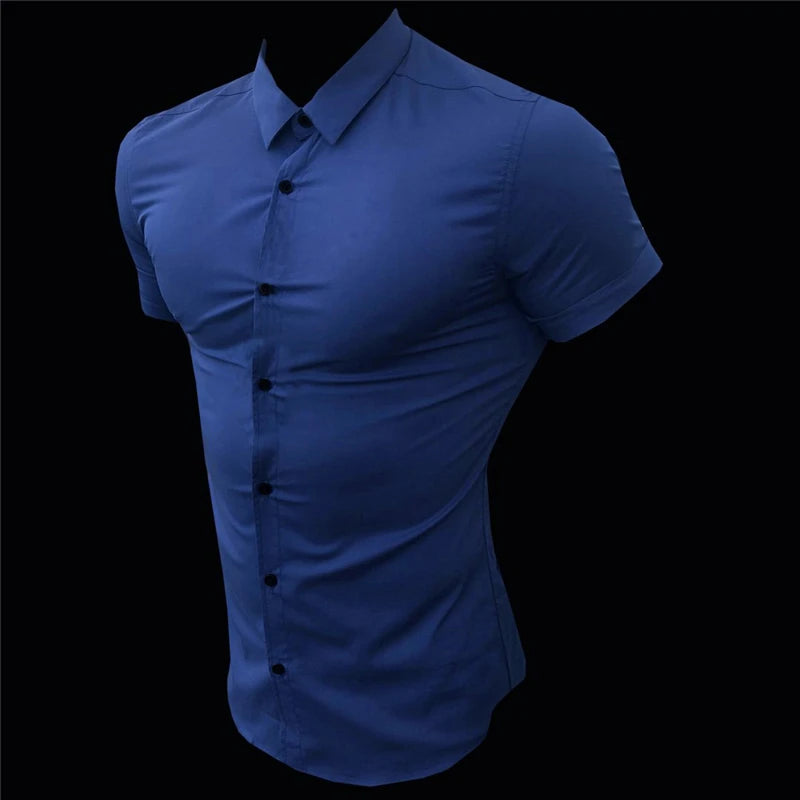 Summer Fashion Short Sleeve Shirt Men Slim Fit Social Business Stand Collar Dress Shirt Brand Mens Fitness Sports Gym Clothing
