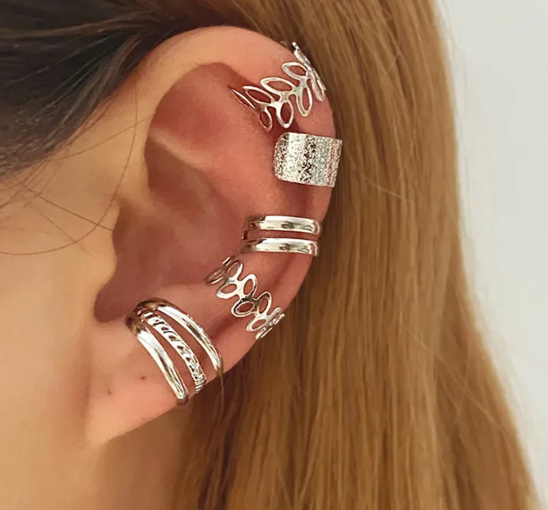Fashion Gold Silver Color Leaves Clip Earrings for Women Men Creative Simple C Ear Cuff Non-Piercing Ear Clip Set Trendy Jewelry
