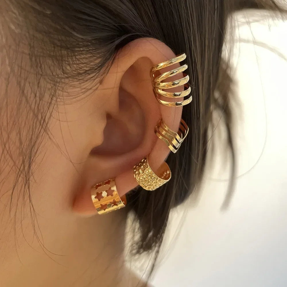Fashion Gold Silver Color Leaves Clip Earrings for Women Men Creative Simple C Ear Cuff Non-Piercing Ear Clip Set Trendy Jewelry