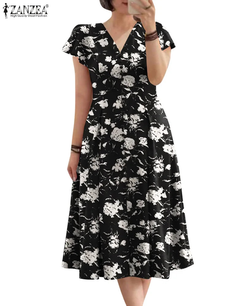 ZANZEA Ruffle Sleeve V Neck Party Sundress