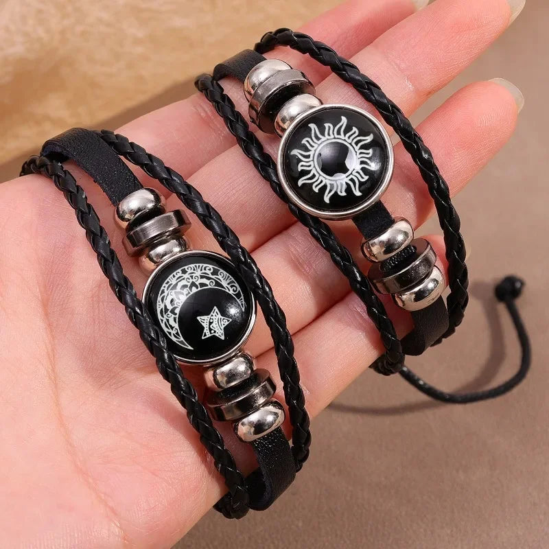 1/2Pcs Sun Moon Bracelet Luminous Adjustable Black Braided Romantic Bracelets for Friend Girlfriend Friendship Birthday Gifts