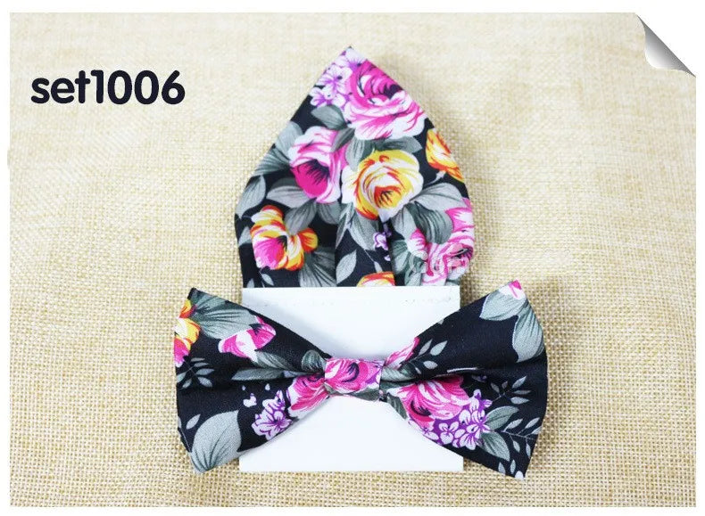 Floral Cotton Bow Tie Set Paper Pocket Square Classic Handkerchief Bowknot for Men Wedding Accessories