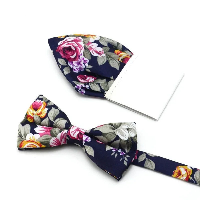 Floral Cotton Bow Tie Set Paper Pocket Square Classic Handkerchief Bowknot for Men Wedding Accessories