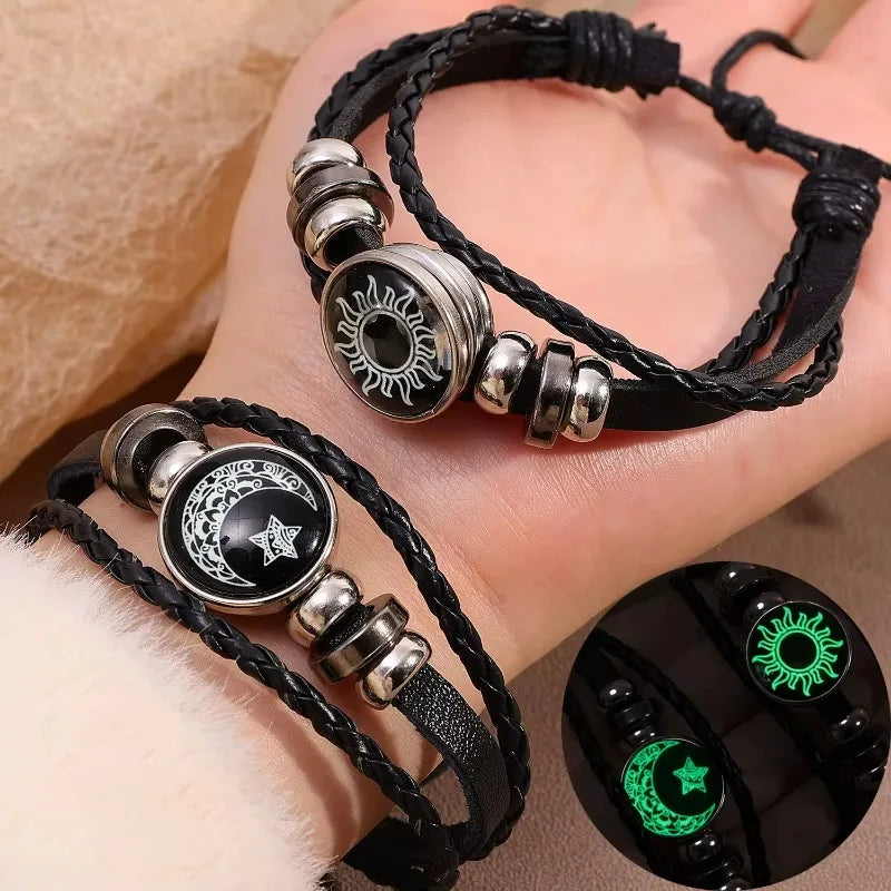 1/2Pcs Sun Moon Bracelet Luminous Adjustable Black Braided Romantic Bracelets for Friend Girlfriend Friendship Birthday Gifts