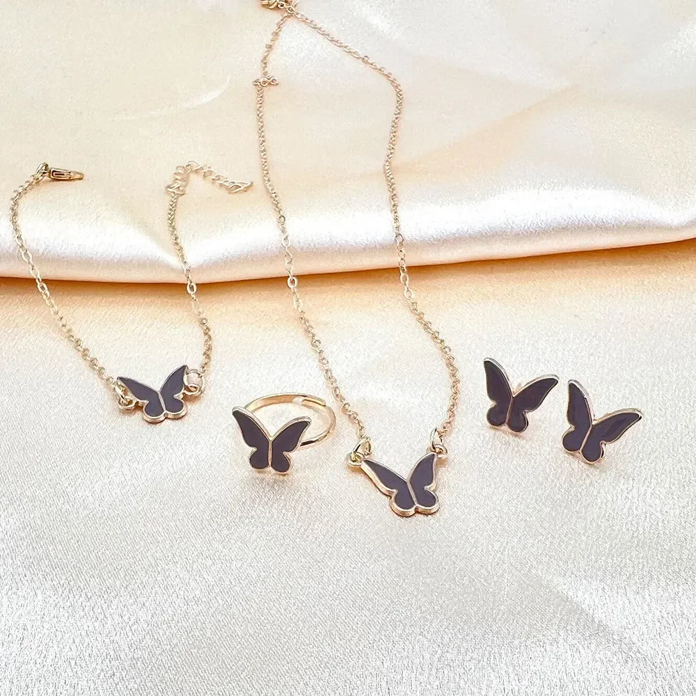4pcs/Set Sweet Jewelry Set Butterfly Pendant Imitation Pearl Necklace for Women Pearl Earrings Girl Jewellery Women Gift