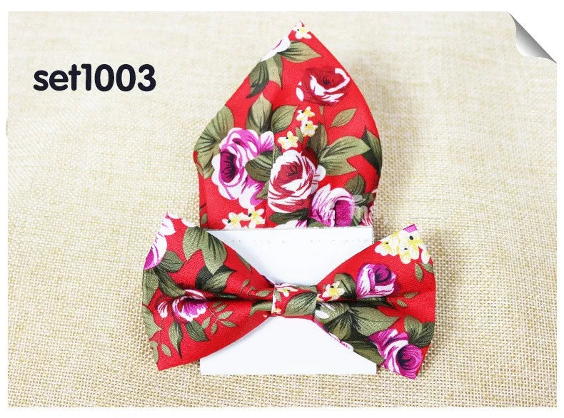 Floral Cotton Bow Tie Set Paper Pocket Square Classic Handkerchief Bowknot for Men Wedding Accessories