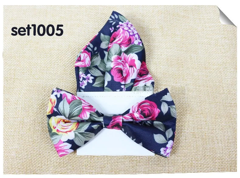 Floral Cotton Bow Tie Set Paper Pocket Square Classic Handkerchief Bowknot for Men Wedding Accessories