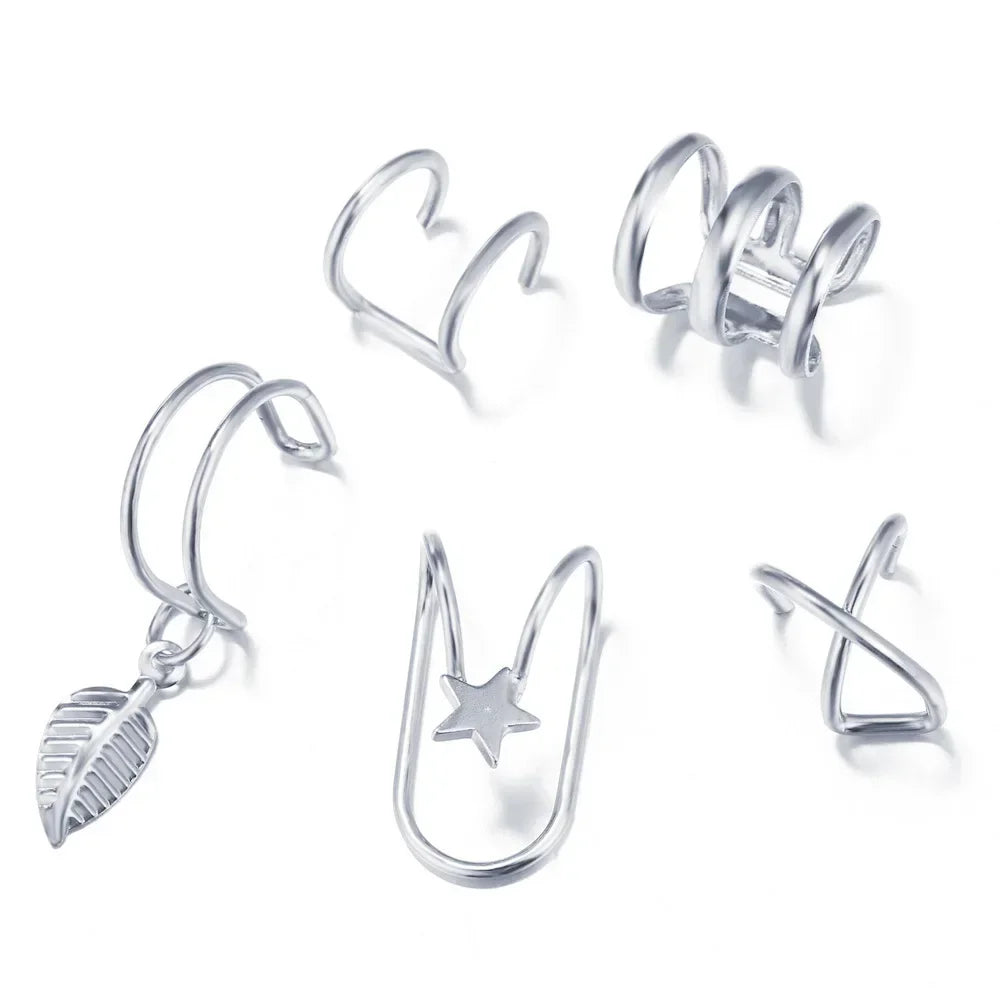 Fashion Gold Silver Color Leaves Clip Earrings for Women Men Creative Simple C Ear Cuff Non-Piercing Ear Clip Set Trendy Jewelry