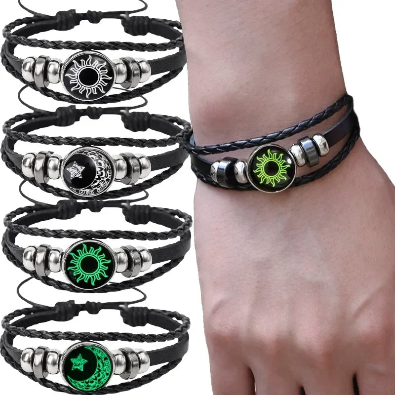 1/2Pcs Sun Moon Bracelet Luminous Adjustable Black Braided Romantic Bracelets for Friend Girlfriend Friendship Birthday Gifts