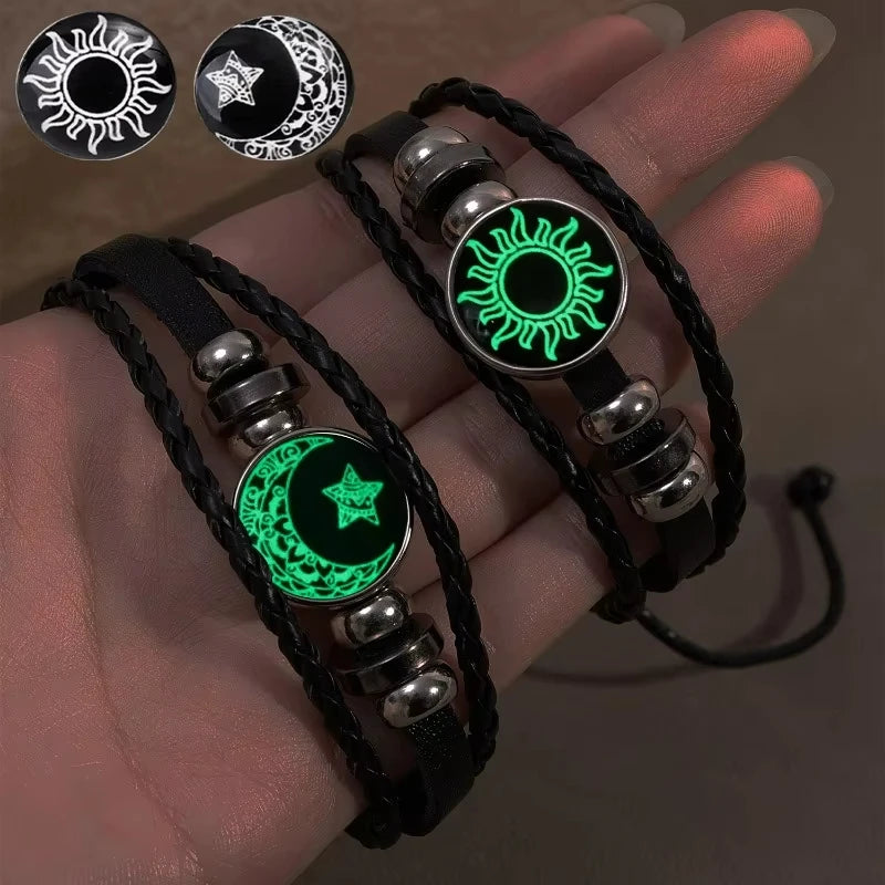 1/2Pcs Sun Moon Bracelet Luminous Adjustable Black Braided Romantic Bracelets for Friend Girlfriend Friendship Birthday Gifts