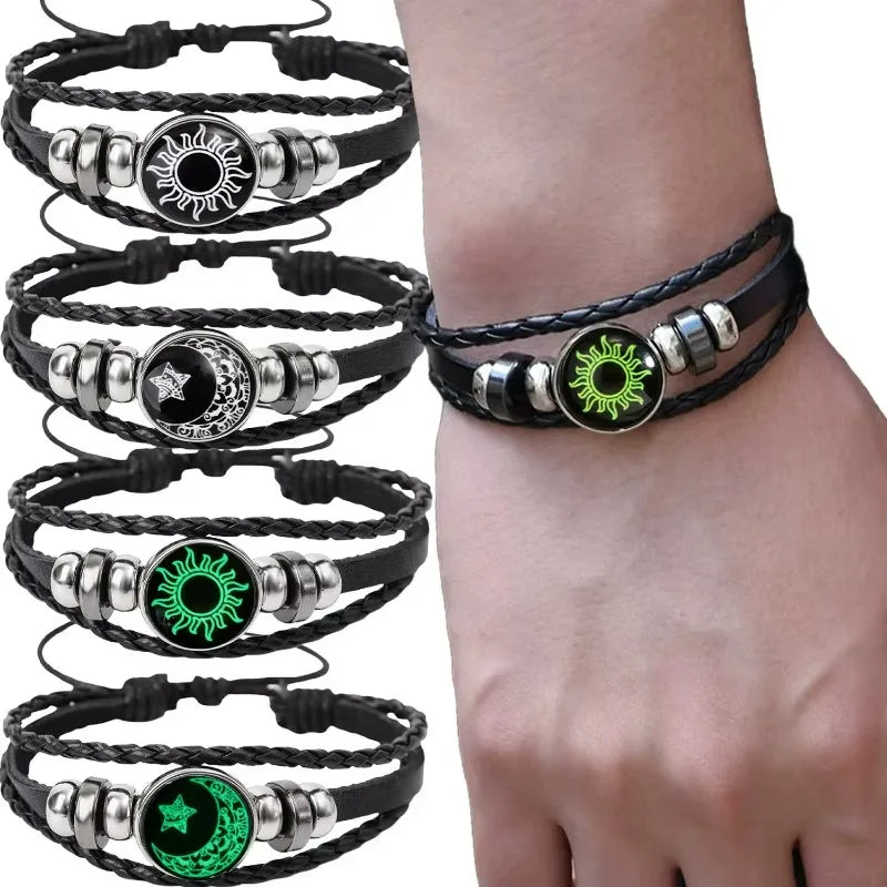 1/2Pcs Sun Moon Bracelet Luminous Adjustable Black Braided Romantic Bracelets for Friend Girlfriend Friendship Birthday Gifts