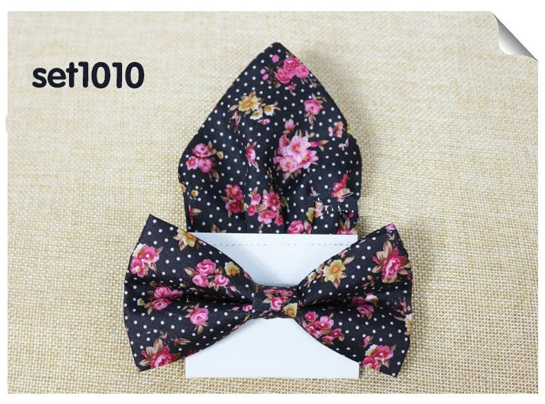Floral Cotton Bow Tie Set Paper Pocket Square Classic Handkerchief Bowknot for Men Wedding Accessories