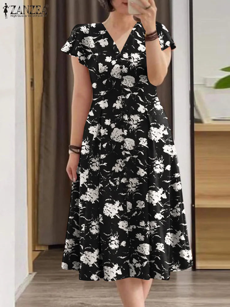 ZANZEA Ruffle Sleeve V Neck Party Sundress