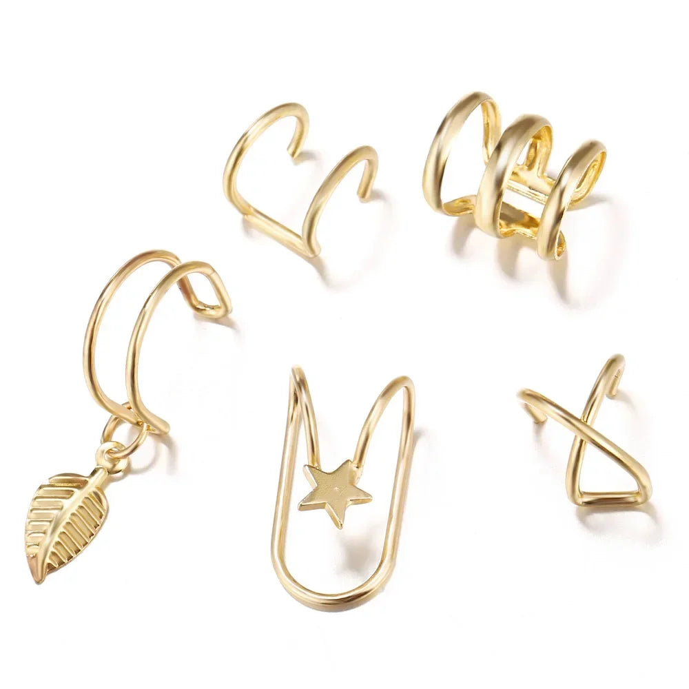 Fashion Gold Silver Color Leaves Clip Earrings for Women Men Creative Simple C Ear Cuff Non-Piercing Ear Clip Set Trendy Jewelry
