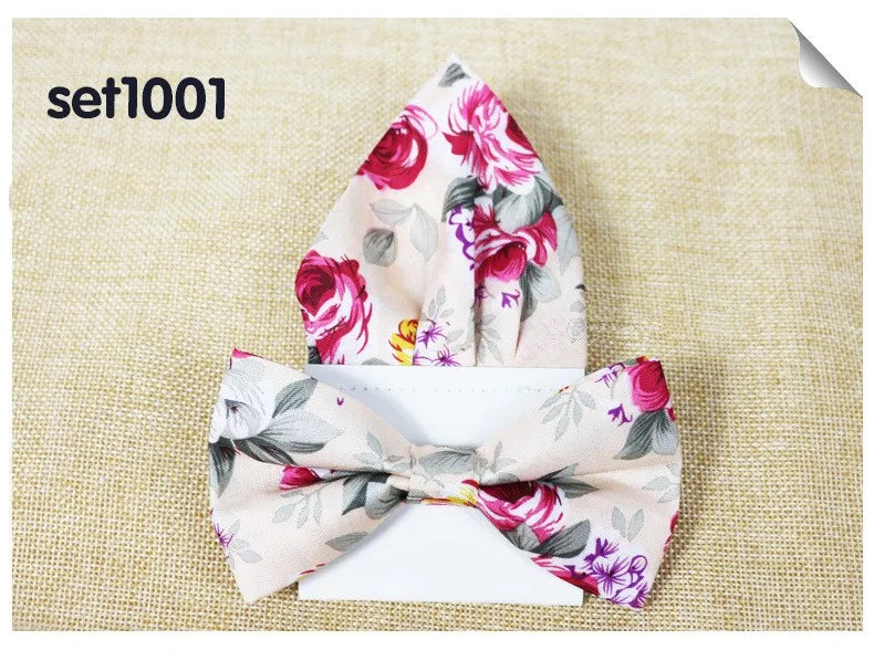 Floral Cotton Bow Tie Set Paper Pocket Square Classic Handkerchief Bowknot for Men Wedding Accessories