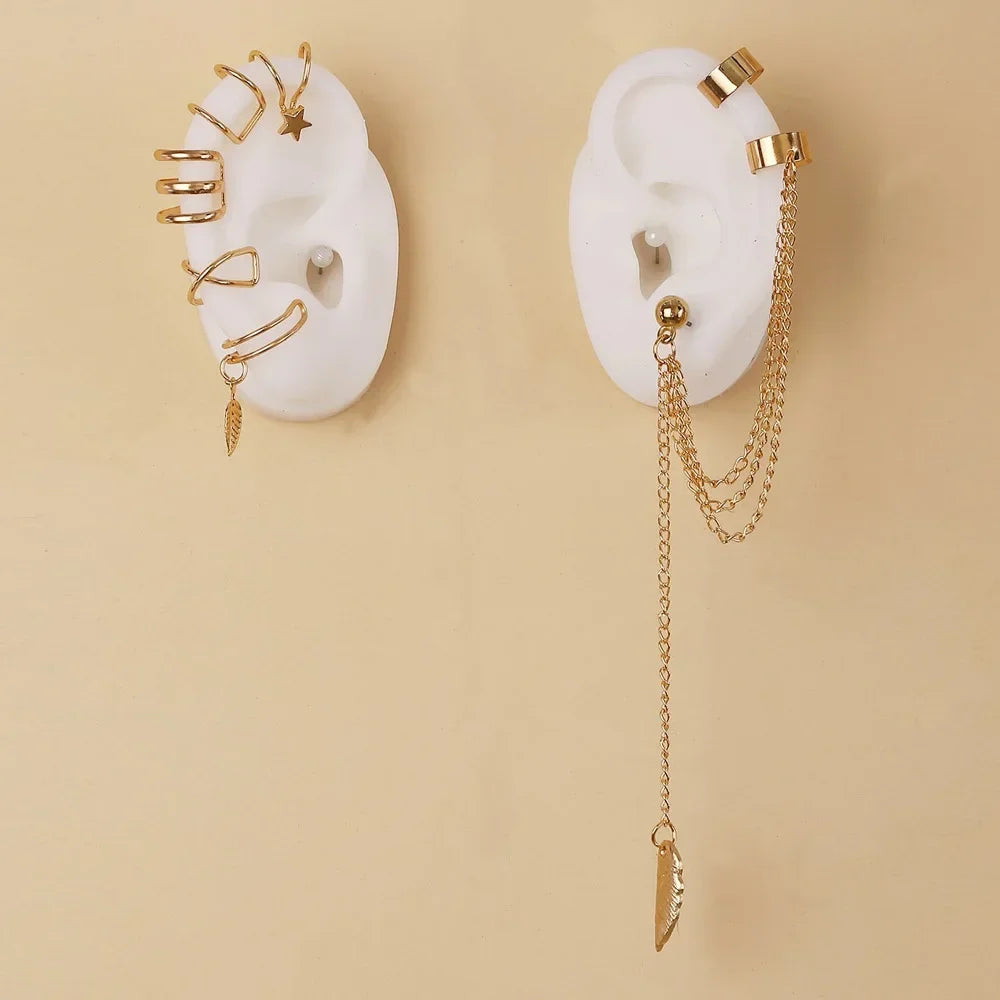 Fashion Gold Silver Color Leaves Clip Earrings for Women Men Creative Simple C Ear Cuff Non-Piercing Ear Clip Set Trendy Jewelry