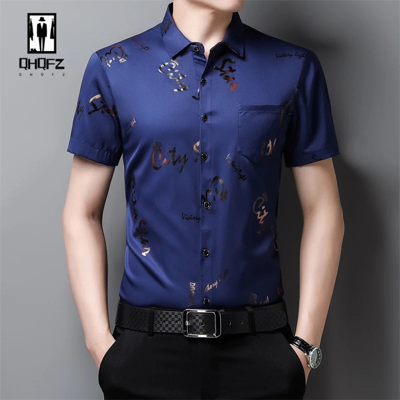 Men's Casual and Fashionable Short Sleeved Printed Shirt Wrinkle Resistant Business Top Without Ironing