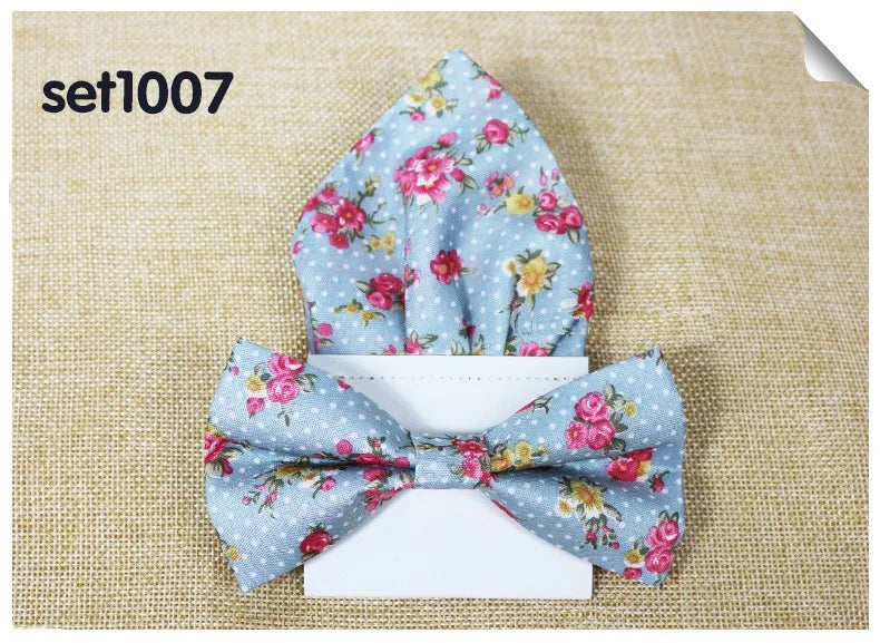 Floral Cotton Bow Tie Set Paper Pocket Square Classic Handkerchief Bowknot for Men Wedding Accessories