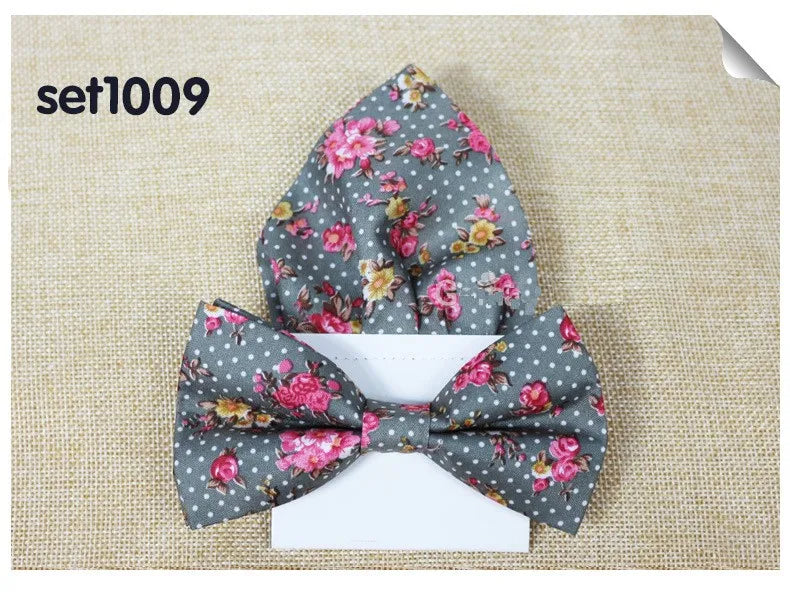 Floral Cotton Bow Tie Set Paper Pocket Square Classic Handkerchief Bowknot for Men Wedding Accessories
