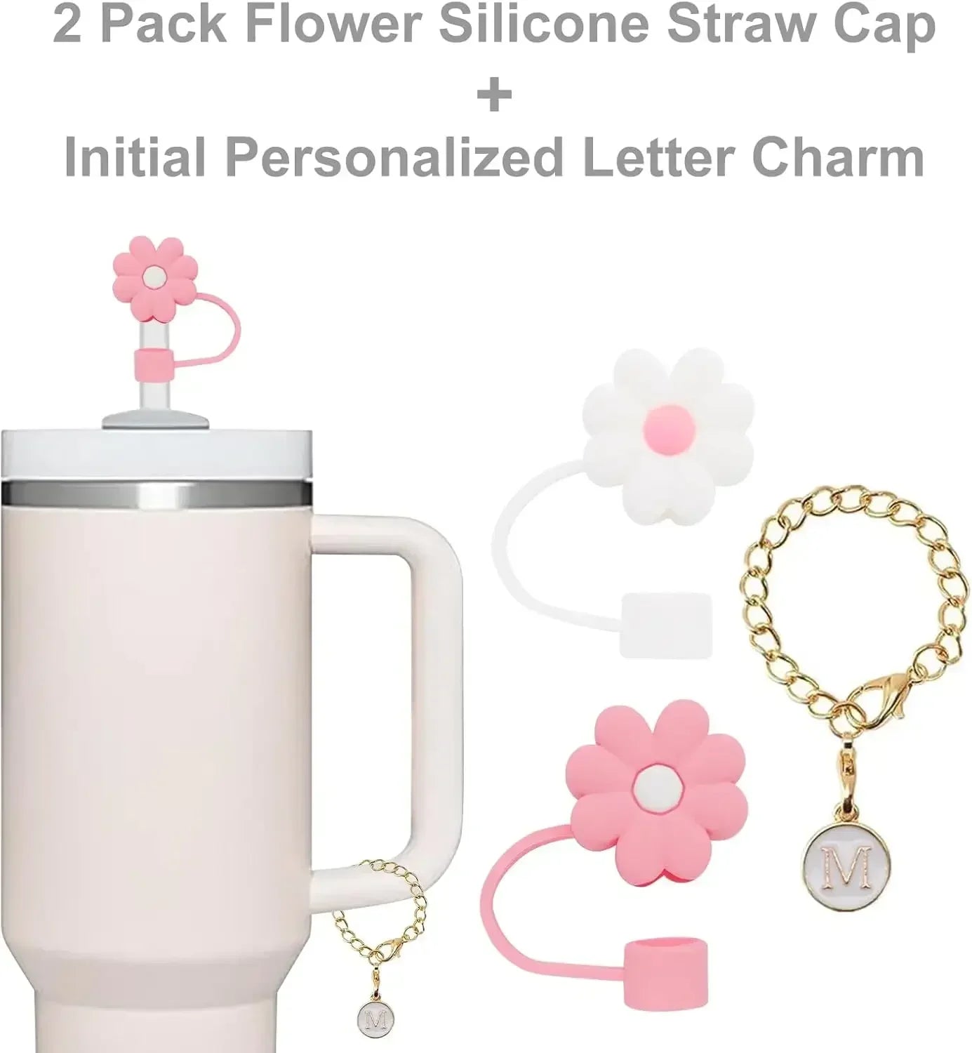 3PCS Straw Cover for Stanley Cup 30 40 Oz Tumblers Accessories 10mm Flower Silicone Straw Topper Lid with Initial Letter Charm