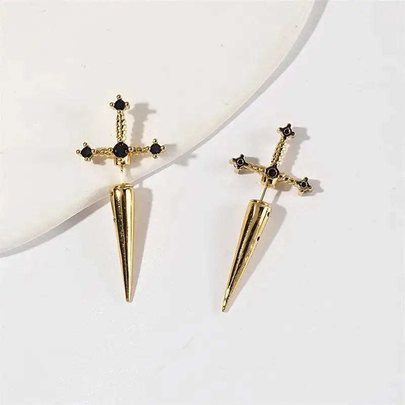 New Gothic Kinitial Sword Earrings Vintage Cool Punk Crystal Ear Jacket Goth Dagger Earrings Jewelry Gift For Women