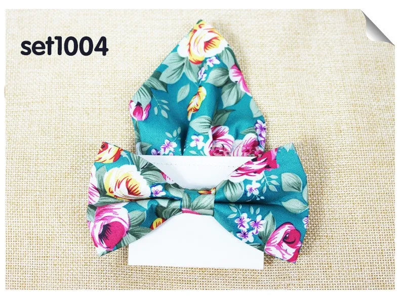Floral Cotton Bow Tie Set Paper Pocket Square Classic Handkerchief Bowknot for Men Wedding Accessories