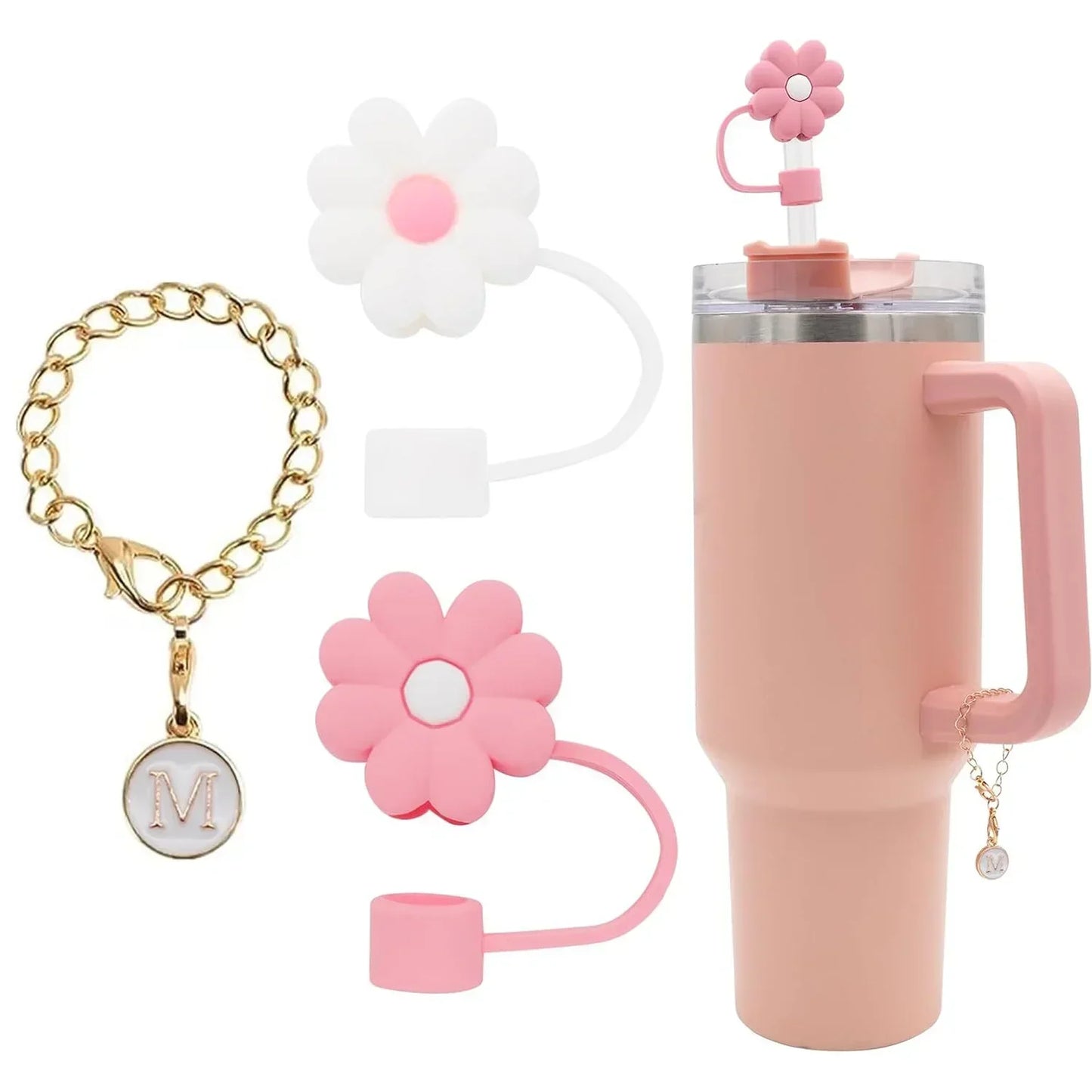 3PCS Straw Cover for Stanley Cup 30 40 Oz Tumblers Accessories 10mm Flower Silicone Straw Topper Lid with Initial Letter Charm