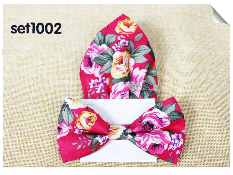 Floral Cotton Bow Tie Set Paper Pocket Square Classic Handkerchief Bowknot for Men Wedding Accessories