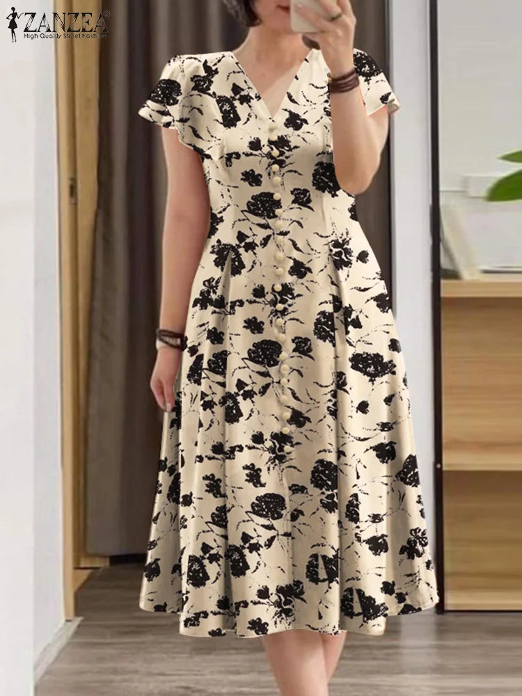 ZANZEA Ruffle Sleeve V Neck Party Sundress