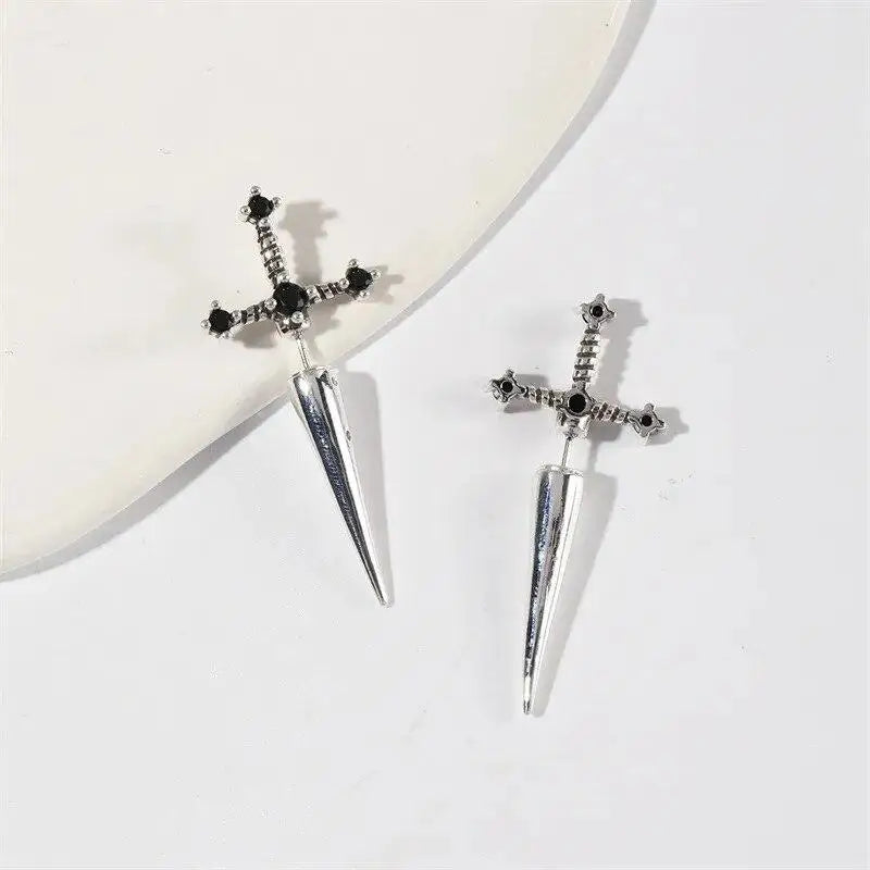 New Gothic Kinitial Sword Earrings Vintage Cool Punk Crystal Ear Jacket Goth Dagger Earrings Jewelry Gift For Women