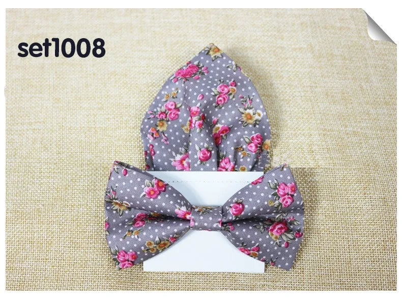 Floral Cotton Bow Tie Set Paper Pocket Square Classic Handkerchief Bowknot for Men Wedding Accessories