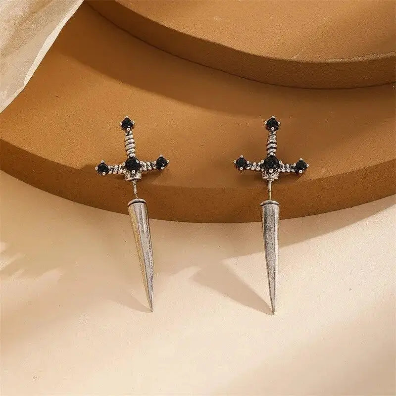 New Gothic Kinitial Sword Earrings Vintage Cool Punk Crystal Ear Jacket Goth Dagger Earrings Jewelry Gift For Women