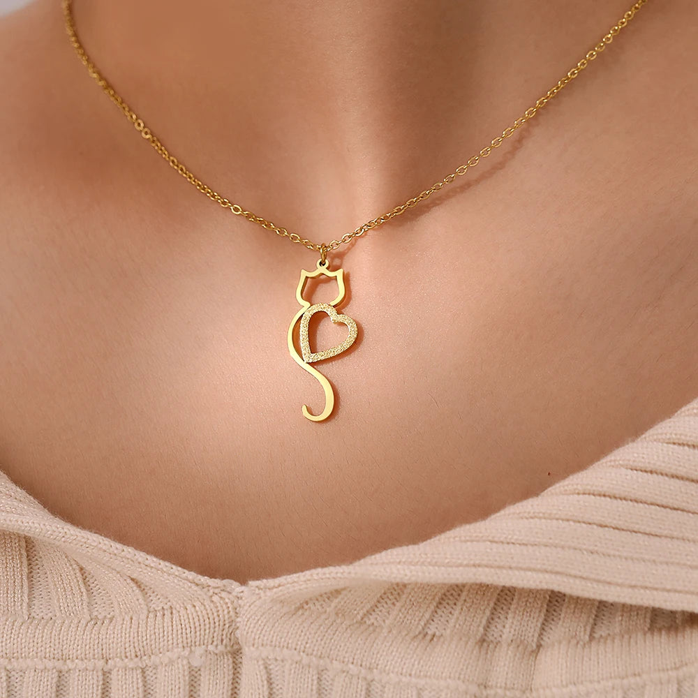 Stainless Steel Necklaces Trending Products Heart Cat Pendant Cute Choker Trendy Fine Chain Charms Necklace For Women Jewelry