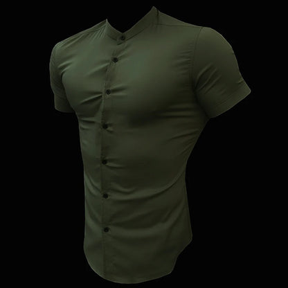 Summer Fashion Short Sleeve Shirt Men Slim Fit Social Business Stand Collar Dress Shirt Brand Mens Fitness Sports Gym Clothing
