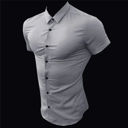 Summer Fashion Short Sleeve Shirt Men Slim Fit Social Business Stand Collar Dress Shirt Brand Mens Fitness Sports Gym Clothing
